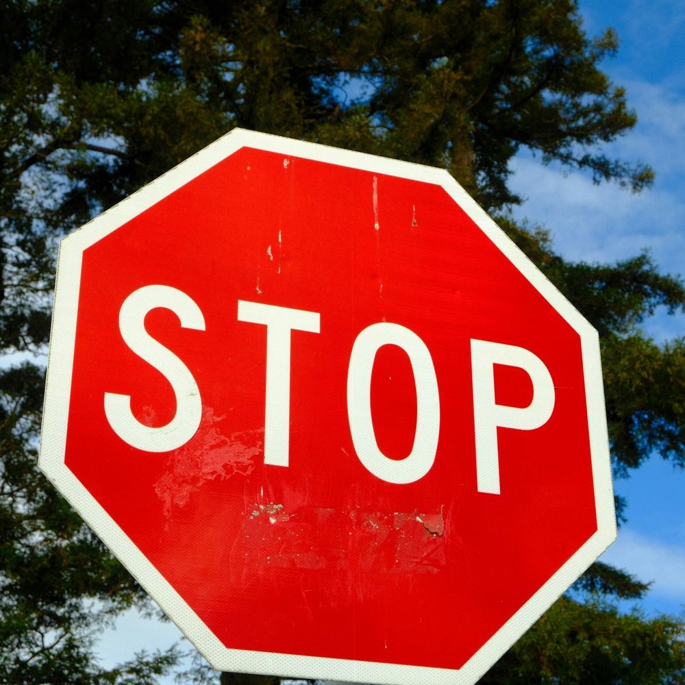 Una señal de STOP roja contra unos pinos y el cielo azul